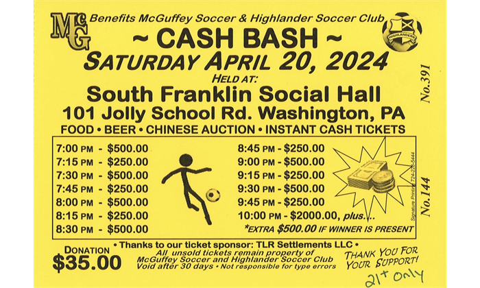 HSC Cash Bash April 20, 2024; South Franklin Twp. Fire Hall at 6:00pm!